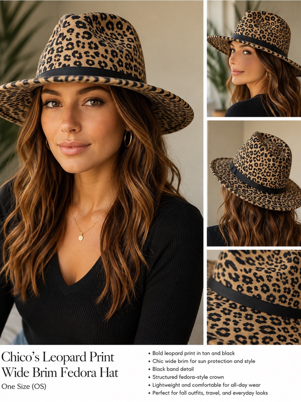 Chico's Leopard-Print Wide Brim Fedora in Tan and Black